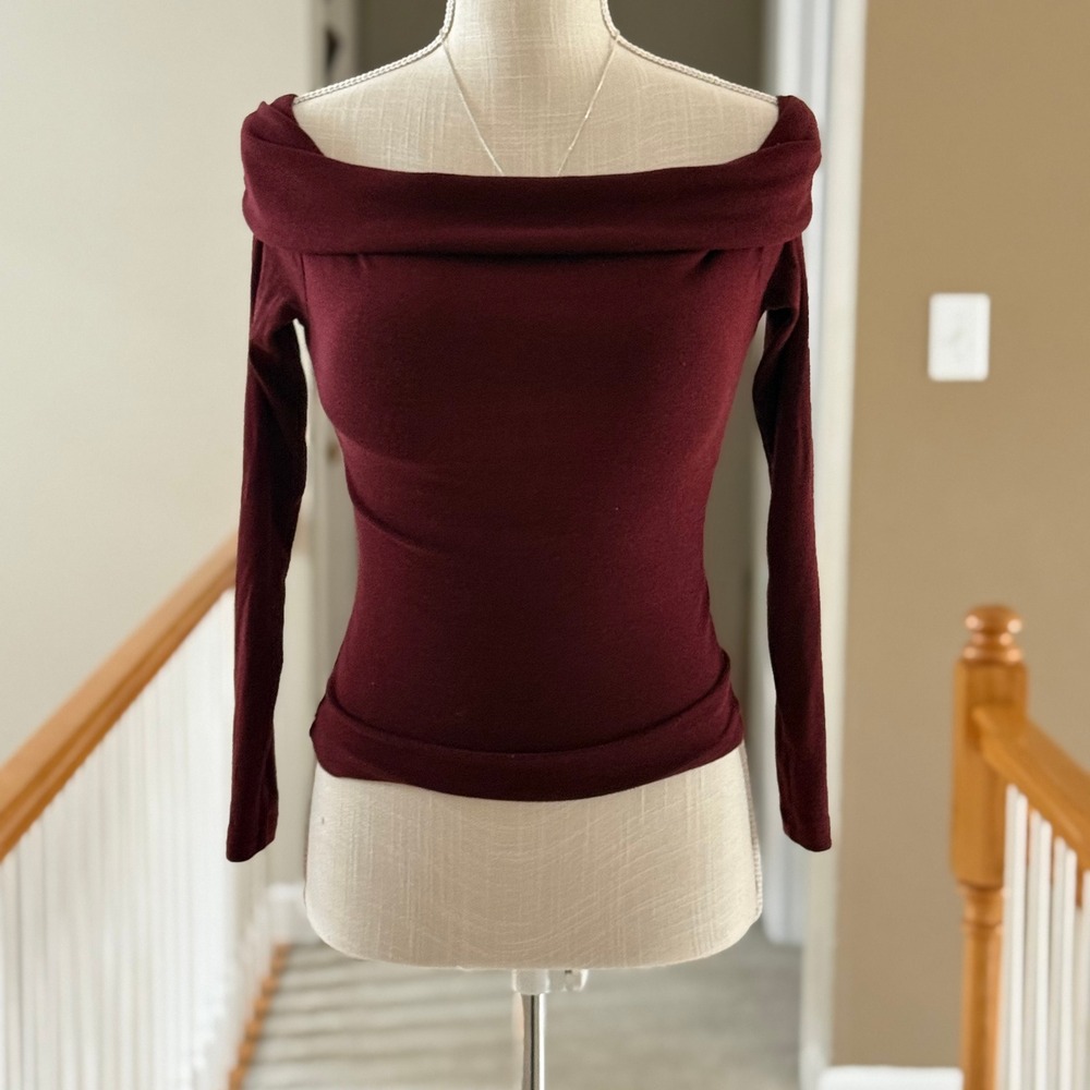 OGL Womens‎ Off Shoulder Long Sleeve Brami Top Built-In Bra Burgundy Wine XS